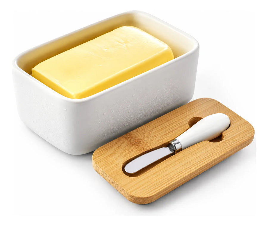 Mantequillero Ceramica Tapa Bambu + Cuchillo Color Blanco